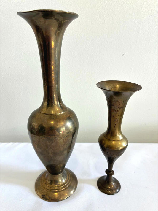 Vintage Brass Bud Vases Set of 2 Tall Metal Decorative Mantel Decor