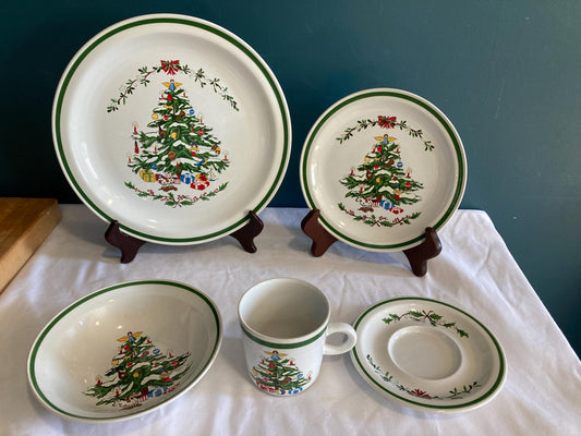 Vintage Montgomery Ward Christmas Tree Dish Holiday Table Ware.  Choose From Cup, Saucer, Dessert Plate, Dinner Plate, Bowl, Replacement