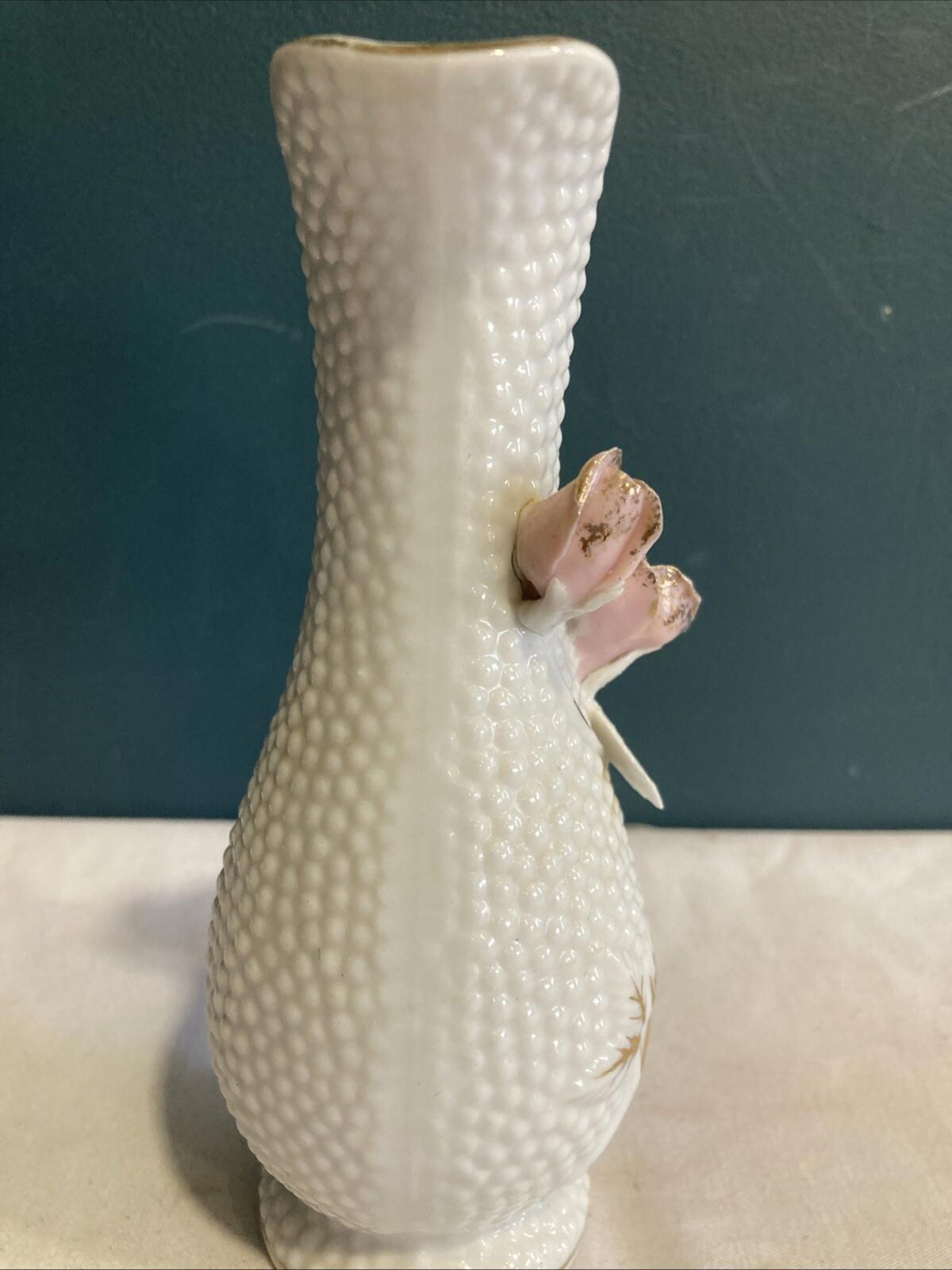 Vintage Mini Pitcher 3D Floral Design Porcelain Gold Trim White Bud Vase 5.75”