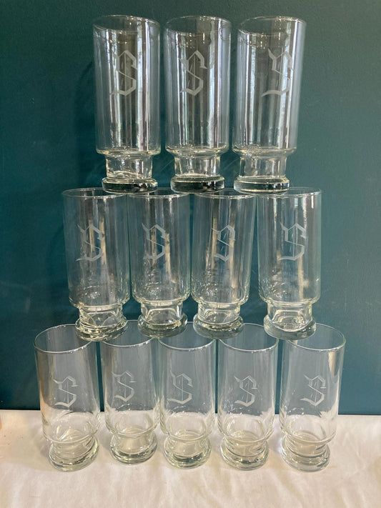 Vintage "S" Etched Tall Glasses, Set of 12