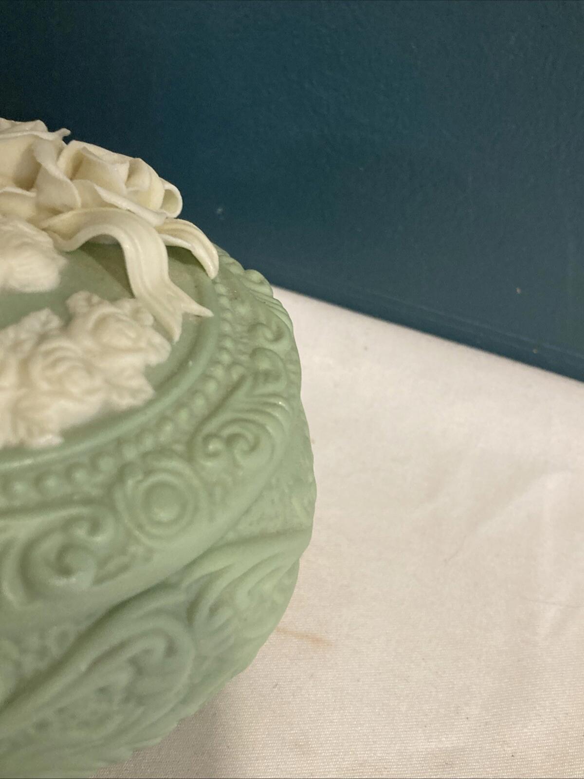 Vintage Victorian Lady Trinket Box, Sage Green & Ivory Footed Vanity Box with Roses, Shabby Chic Decor