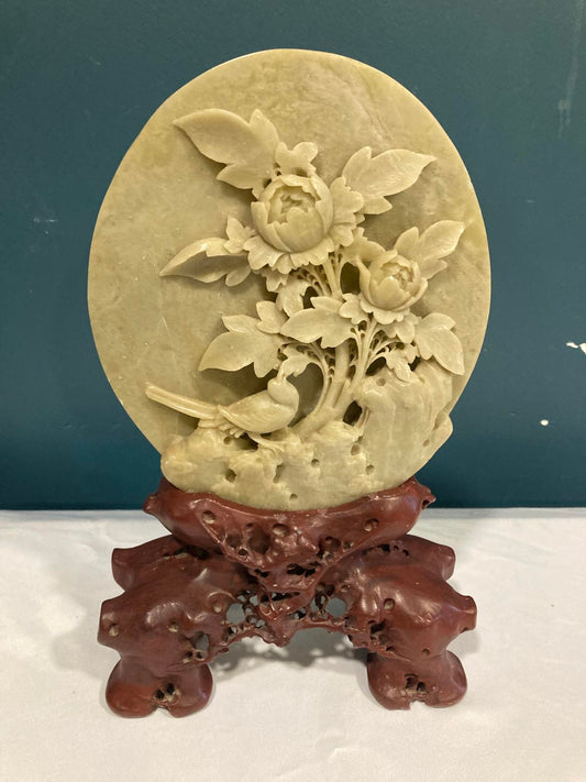 Vintage Asian Soapstone Carved Floral Decor With Bird and Stand