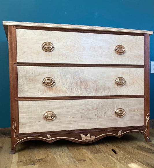 Handcrafted Mahogany & Maple 3-Drawer Dresser with Hand Carved Leaves
