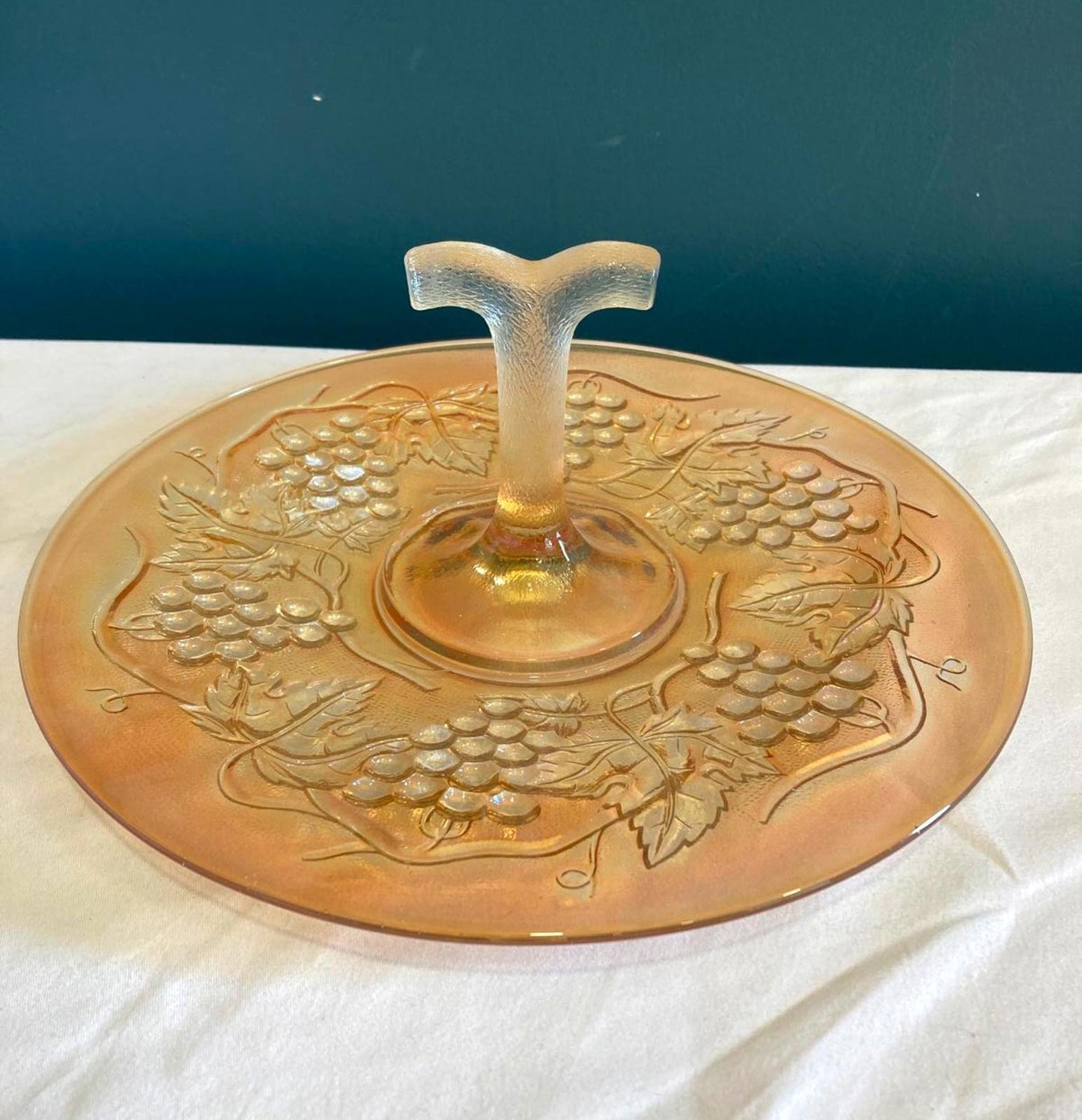 Vintage Amber Glass Cake Stand with Grape Design