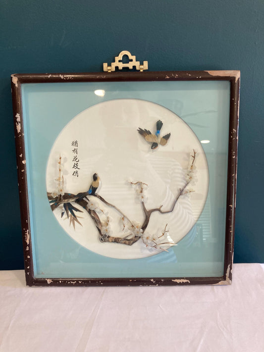 Vintage Chinese 3D Birds Picture Asian Mosaic Feather Art in Shadowbox wood Frame