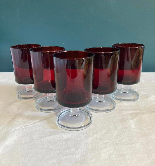 Vintage Red with Clear Stem Luminarc French Stemware Set of 5