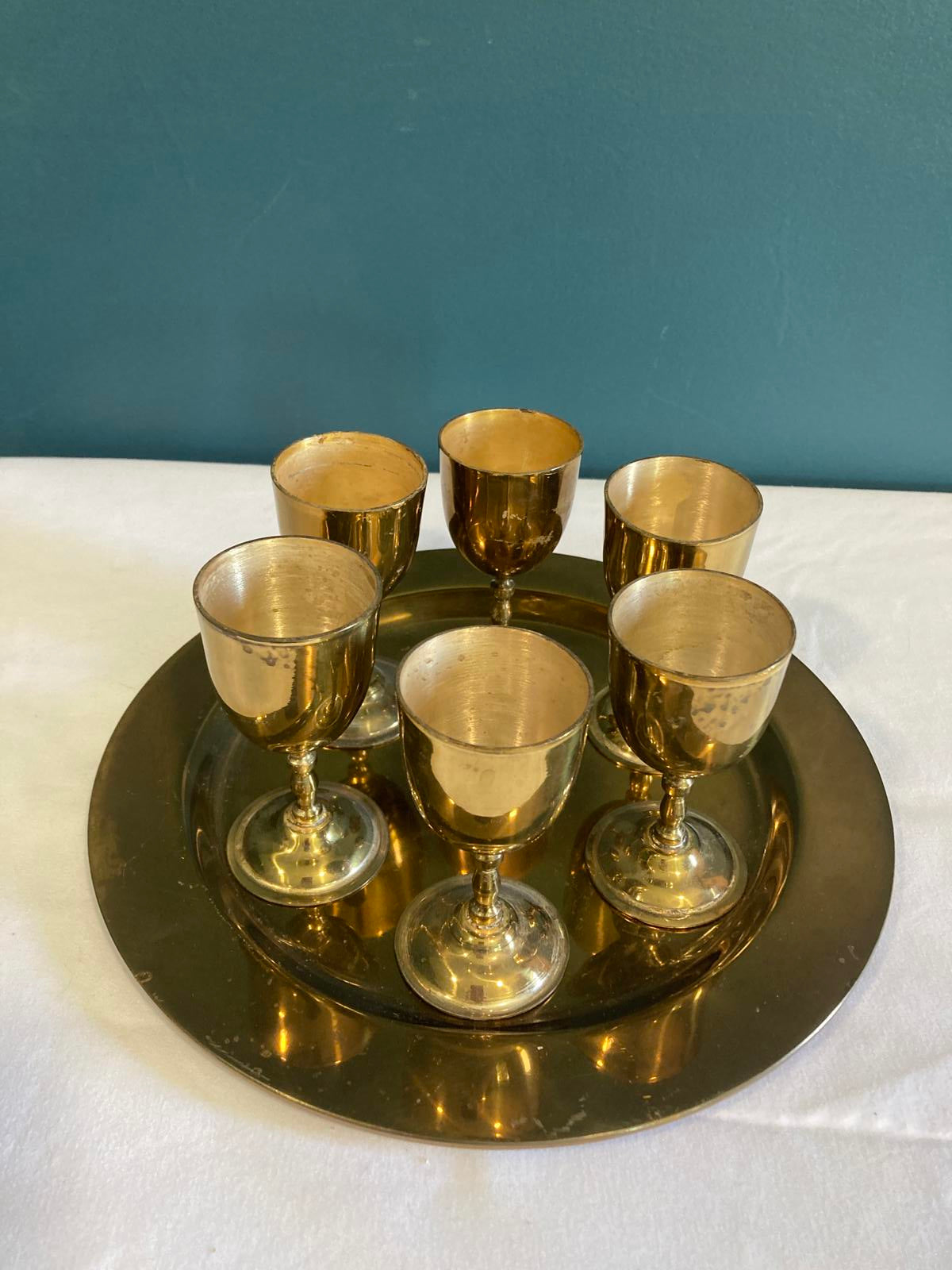 Vintage Solid Brass Goblet Set with Tray – 6 Small Cups & Serving Tray R Albanez