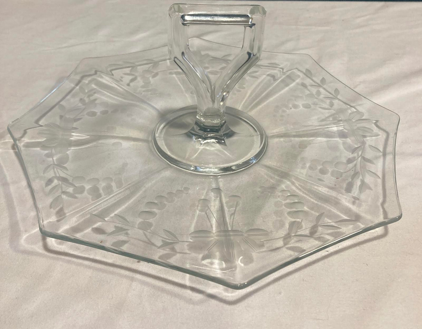 Vintage Etched Glass Cake Plate with Handle