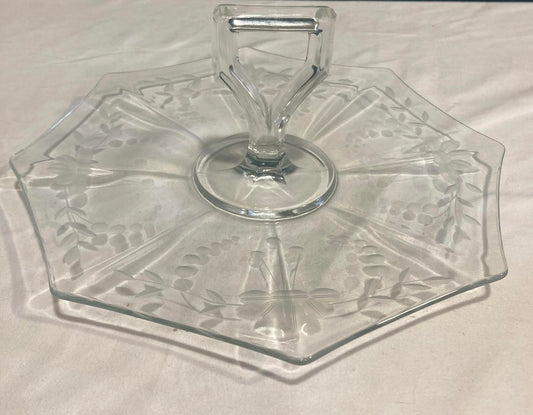 Vintage Etched Glass Cake Plate with Handle