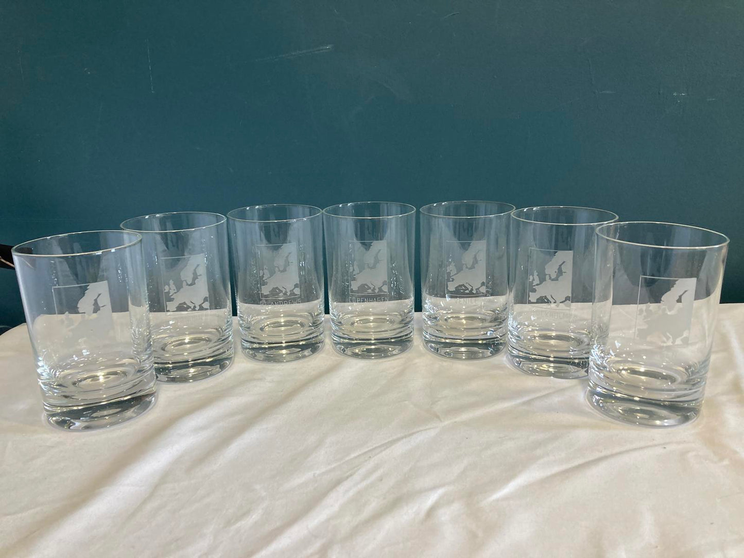 Vintage Etched Glass European City Tumbler Set of 7