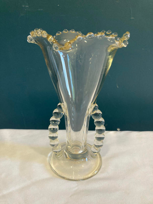 Fenton Glass Vase with Beaded Ruffled Edge and Loop Handles
