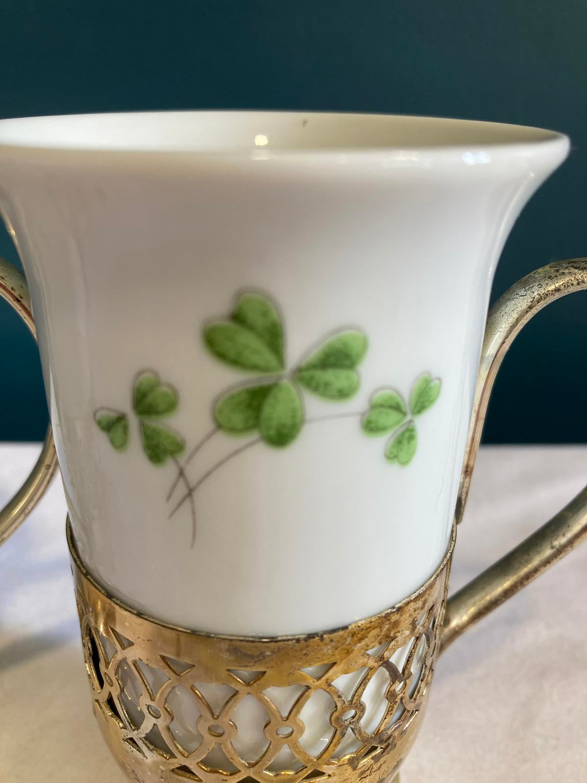 Vintage Shamrock Porcelain Mugs with Silver Holders, Irish Coffee Cups