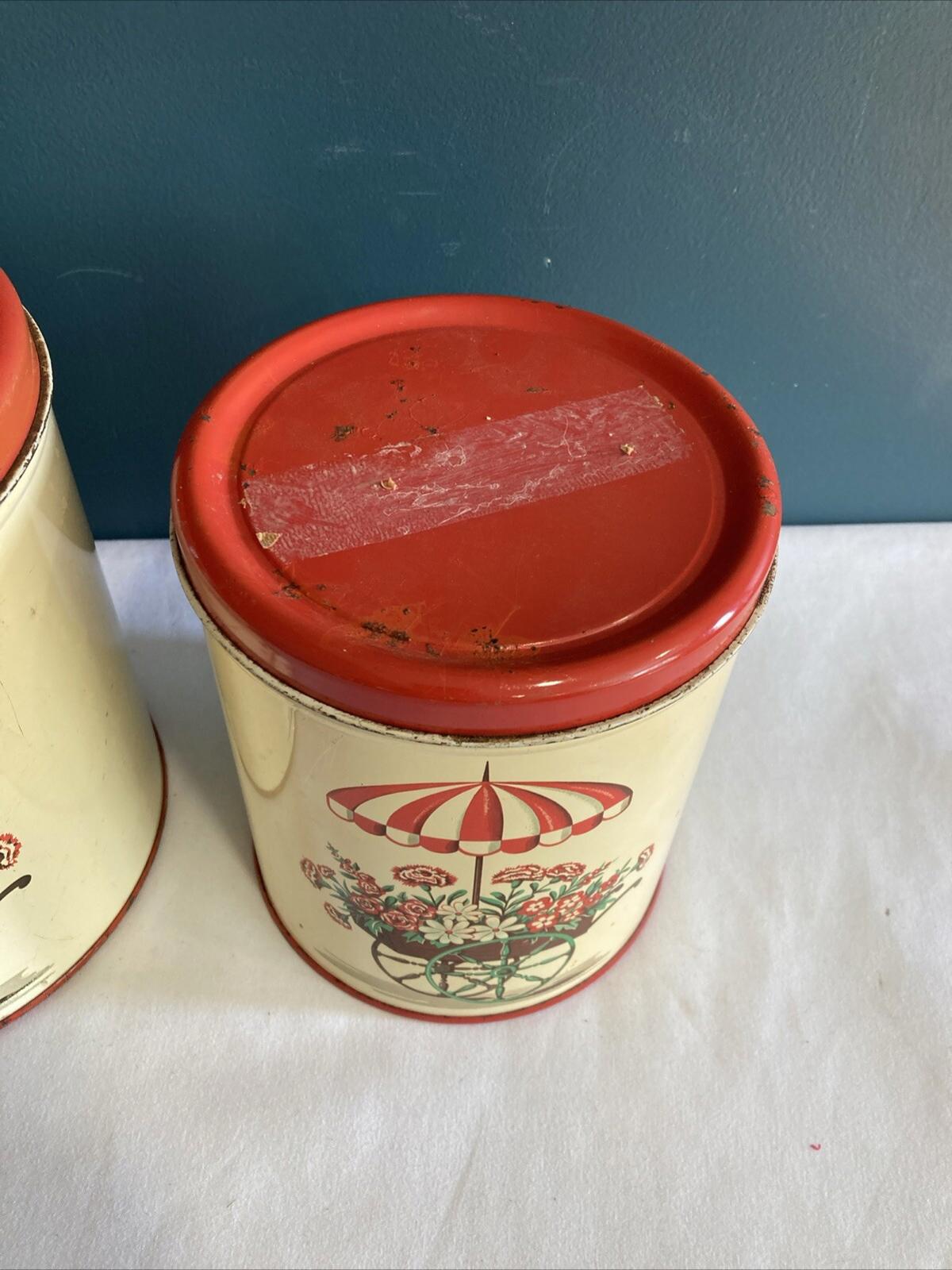 2 Vintage Nesting Decoware Tin Kitchen Storage Canisters Flower Cart Umbrella