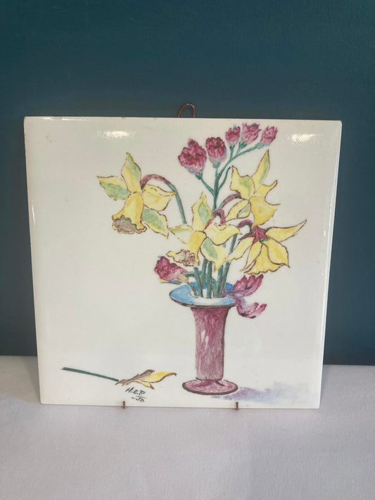 Hand Painted Floral Ceramic Tile 1950– Daffodils & Carnations Wall Art