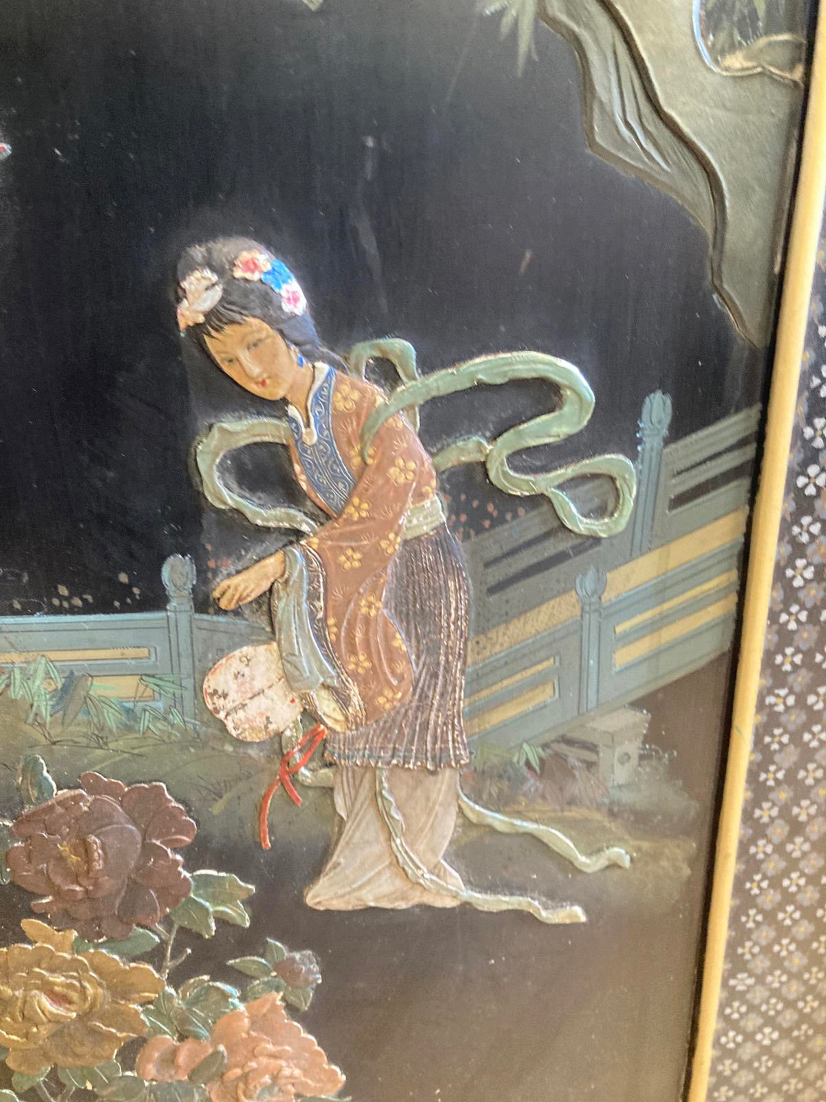 Vintage Asian Stone Inlay Wall Art with Wood Frame