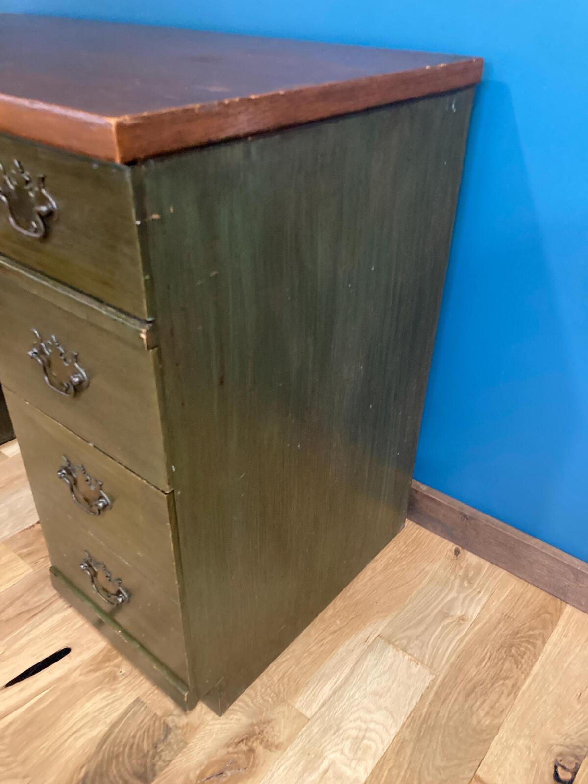 Mid Century Bassett Wooden Desk, Green Stained Solid Wood Desk, 7 Drawer Writing Desk, Vintage Office Furniture