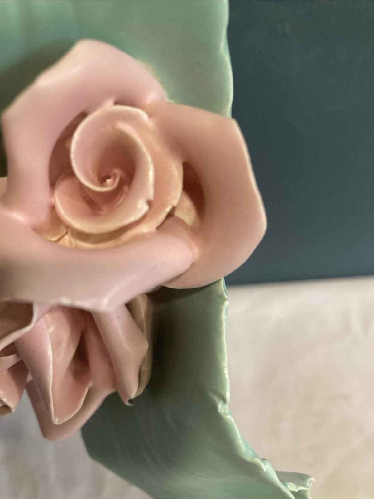 Vintage Porcelain Pink Rose Green Leaf Sculpture Centerpiece 8.4” Wide