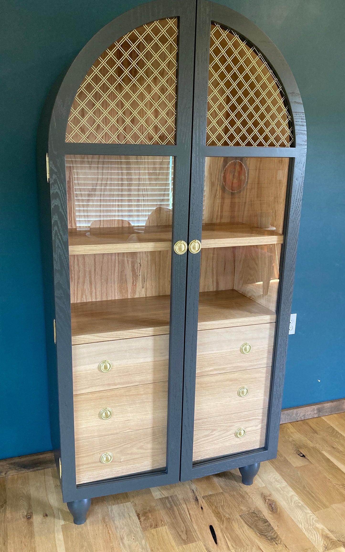 Two (2) New Hand Crafted Arched Cabinet with 3 Drawers For Lowengart Cient