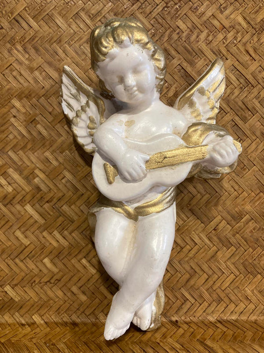 Vintage Cherub Angel Playing Guitar Ceramic Gold & White Wall Decor