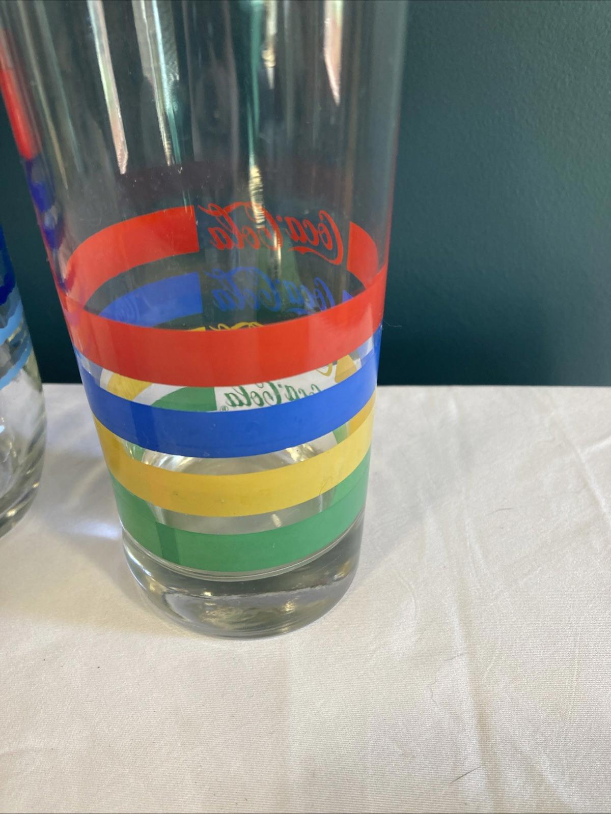 Vintage Set of 2 Coca Cola Striped Drinking Glasses 12 oz Soda Tumblers