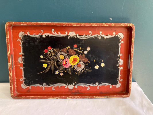 Vintage Hand Painted Wooden Floral Tray Red Black Folk Art Serving Tray Cottage Decor