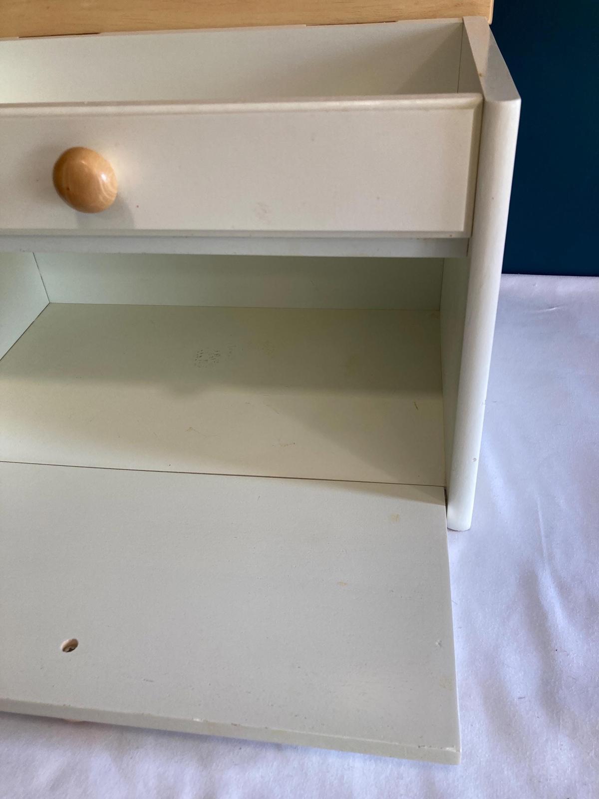 Vintage White Wooden Bread Box with Lift Up Top