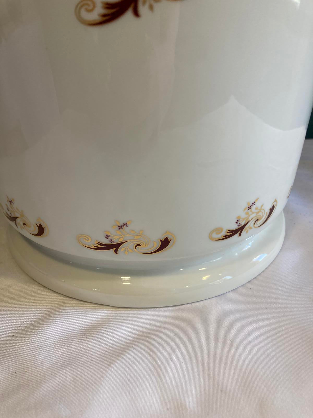 Vintage Liette International Porcelain Red & Gold Scroll Wastebasket