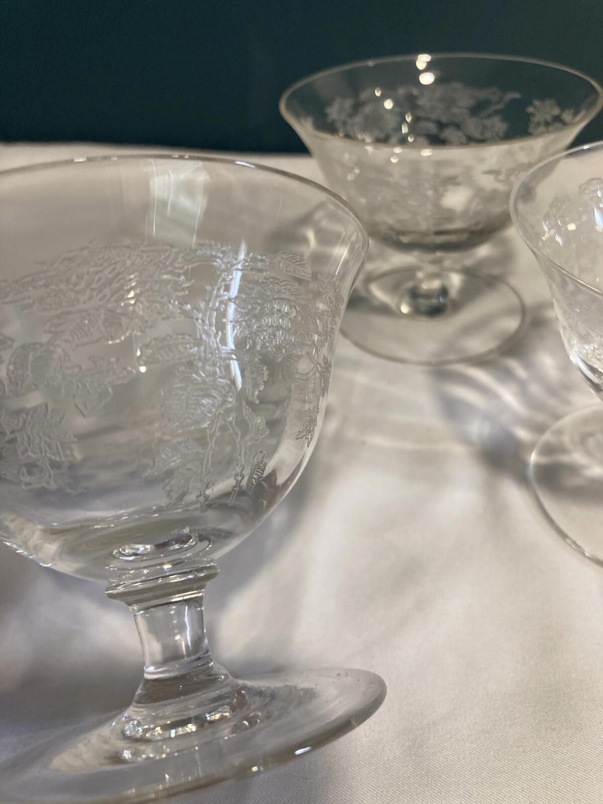 Tiffin Etched Rose Sherbet Dessert Dish, Set of 3, Vintage Floral Dish