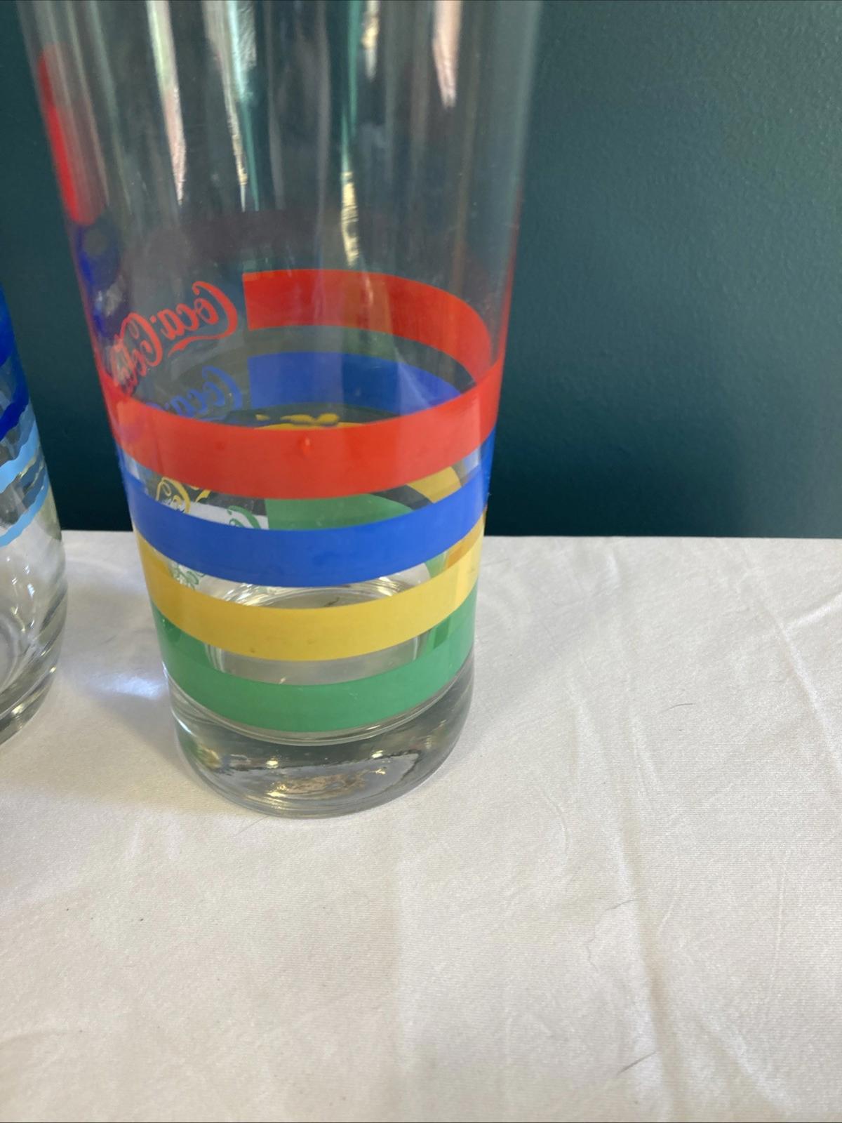 Vintage Set of 2 Coca Cola Striped Drinking Glasses 12 oz Soda Tumblers