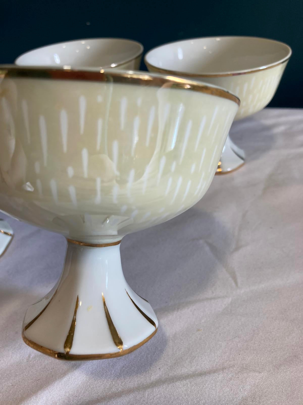 Vintage Luster Pedestal Dessert Bowls Iridescent Porcelain with Gold Trim