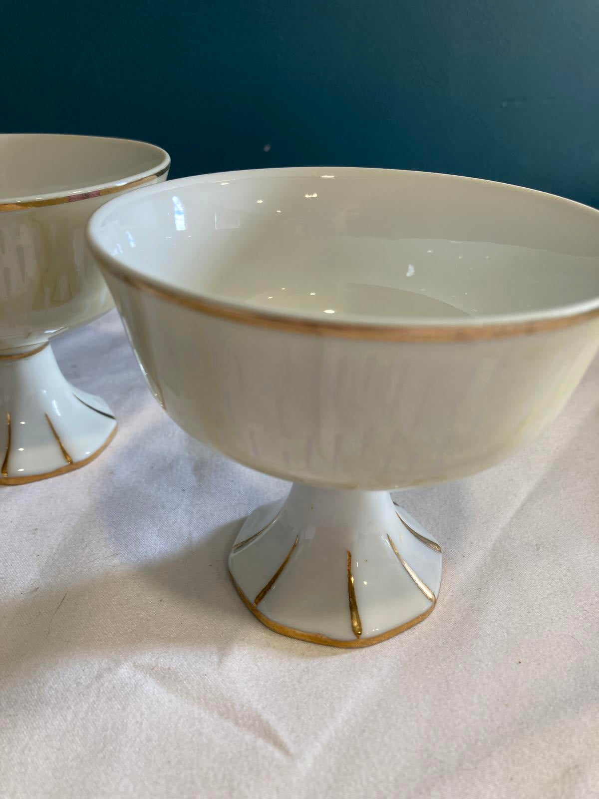 Vintage Luster Pedestal Dessert Bowls Iridescent Porcelain with Gold Trim