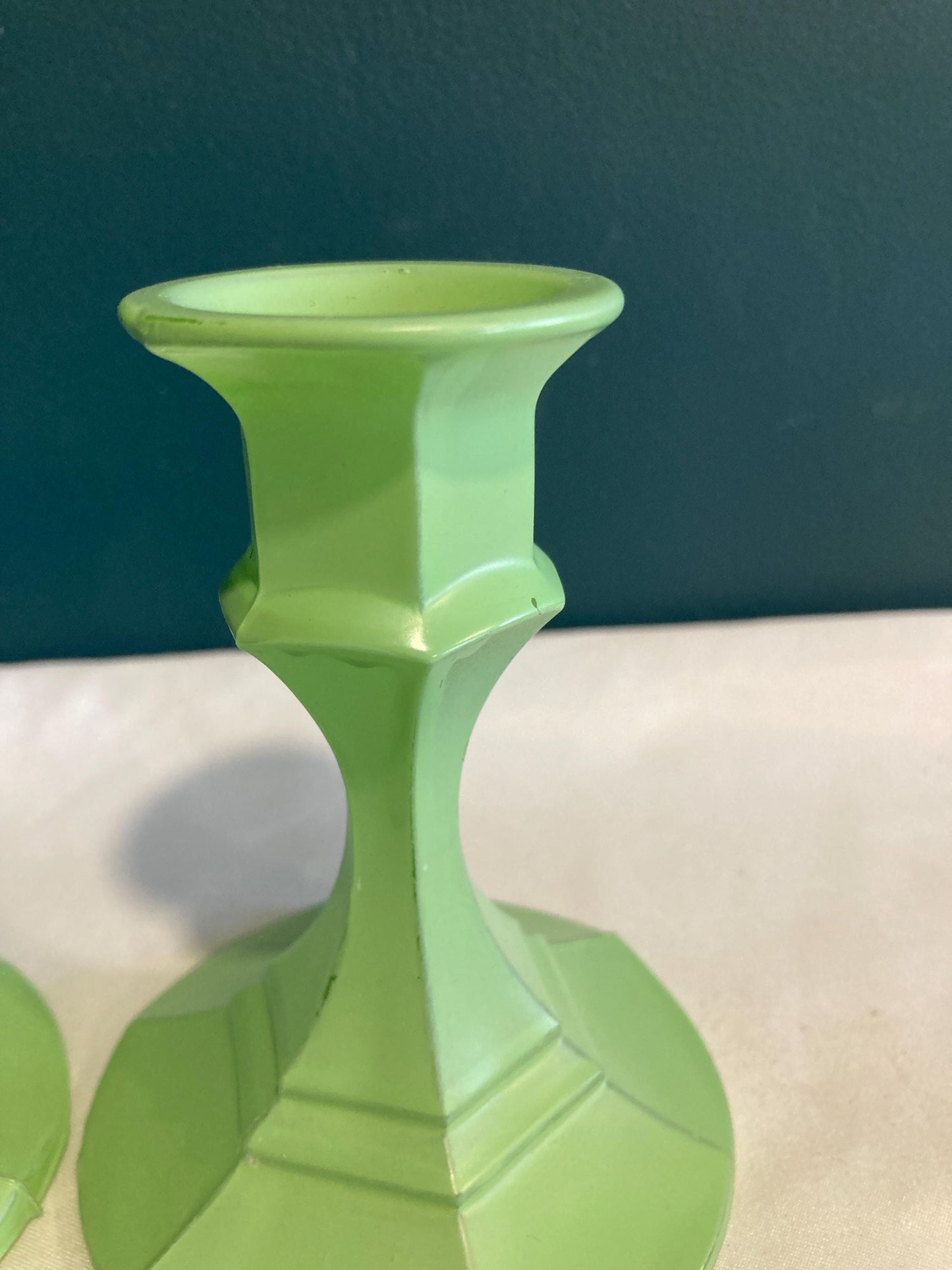 Vintage Green Painted Glass Candlesticks, set of 2
