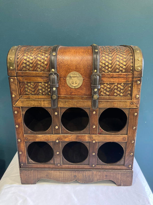 Vintage Trunk Style Wood & Rattan Wine Rack Chest