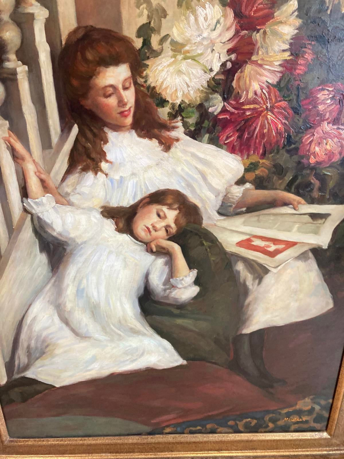 Large Framed Oil Painting of Mother and Child