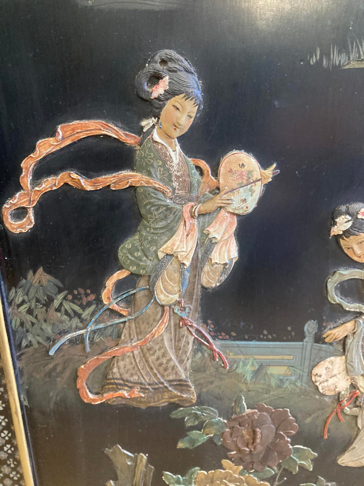 Vintage Asian Stone Inlay Wall Art with Wood Frame