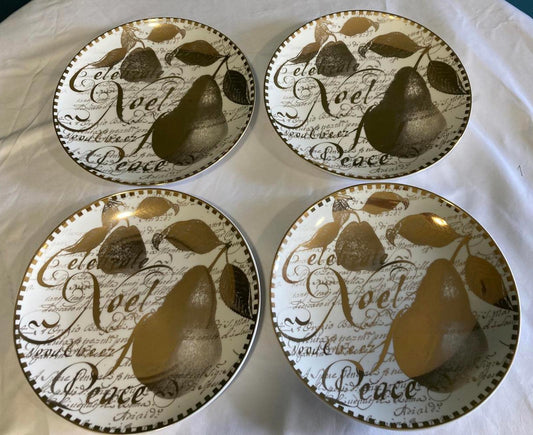 Set of 4 Restoration Hardware Noel Pear Dessert Plates Gold Script Holiday