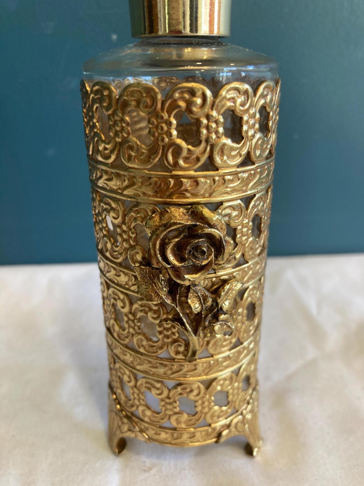 Vintage Ornate Brass Rose Perfume Bottle with Glass Insert