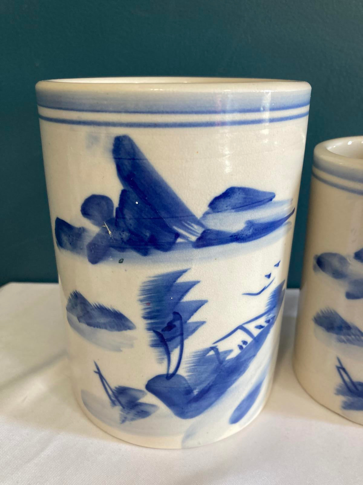 Vintage Blue and White Artist Brush Crock Set