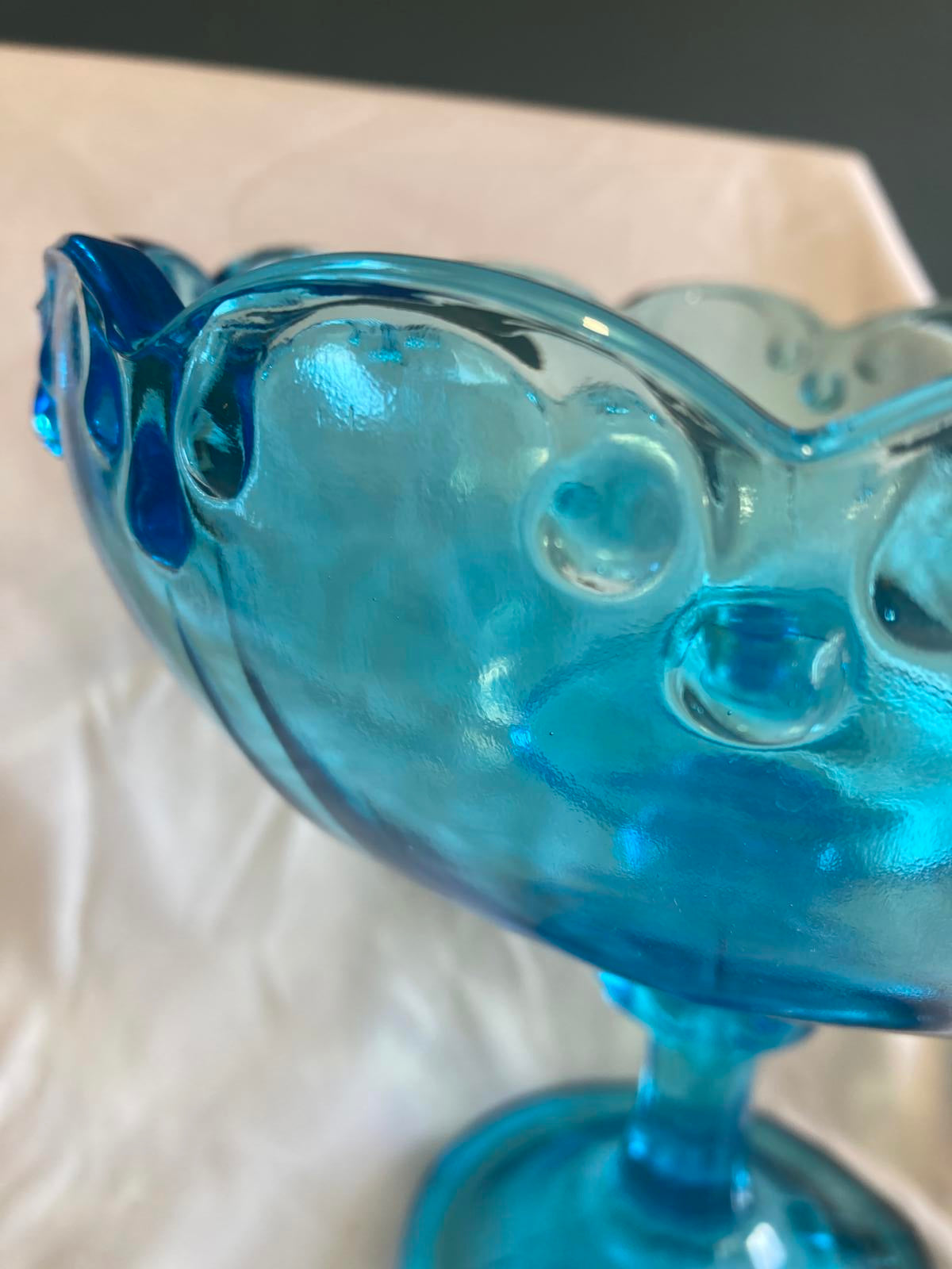 Vintage Blue Glass Compote Pedestal Bowl – Scalloped Edge