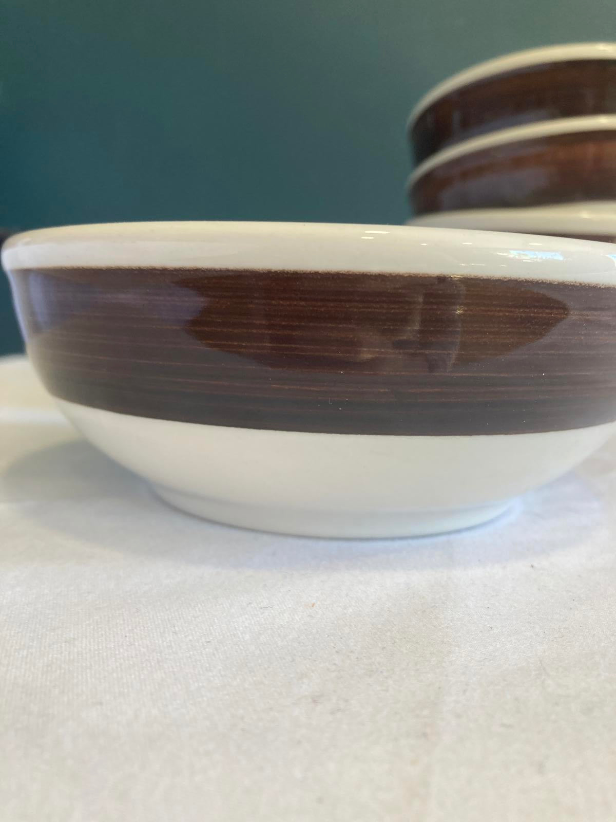 Vintage Homer Laughlin White Ceramic Bowls with Brown Woodgrain Stripe, Set of 6