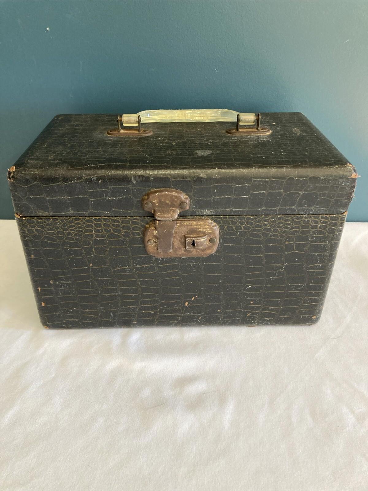 Vintage Hard Shell Makeup Case Faux Alligator Texture Overnight Train Case Travel Vanity Storage