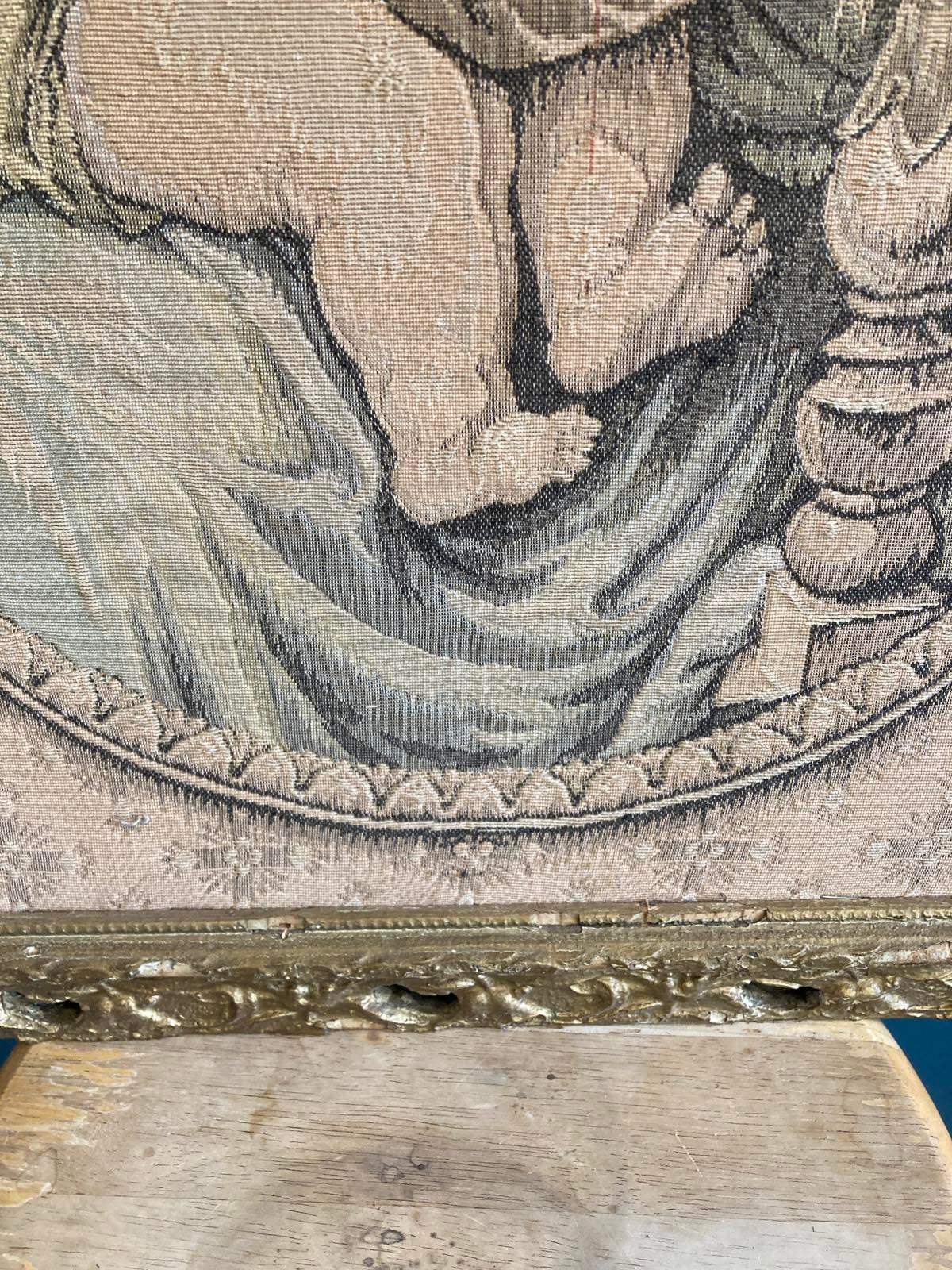Antique Madonna and Child Framed Tapestry with Gold Frame
