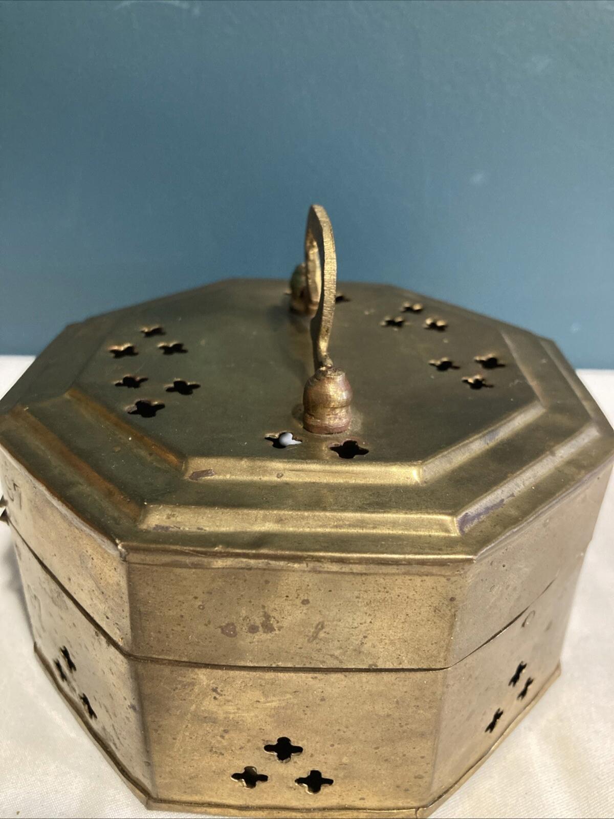 Vintage Pierced Brass Octagon Cricket Trinket Box – Hinged Lid, 4.4”