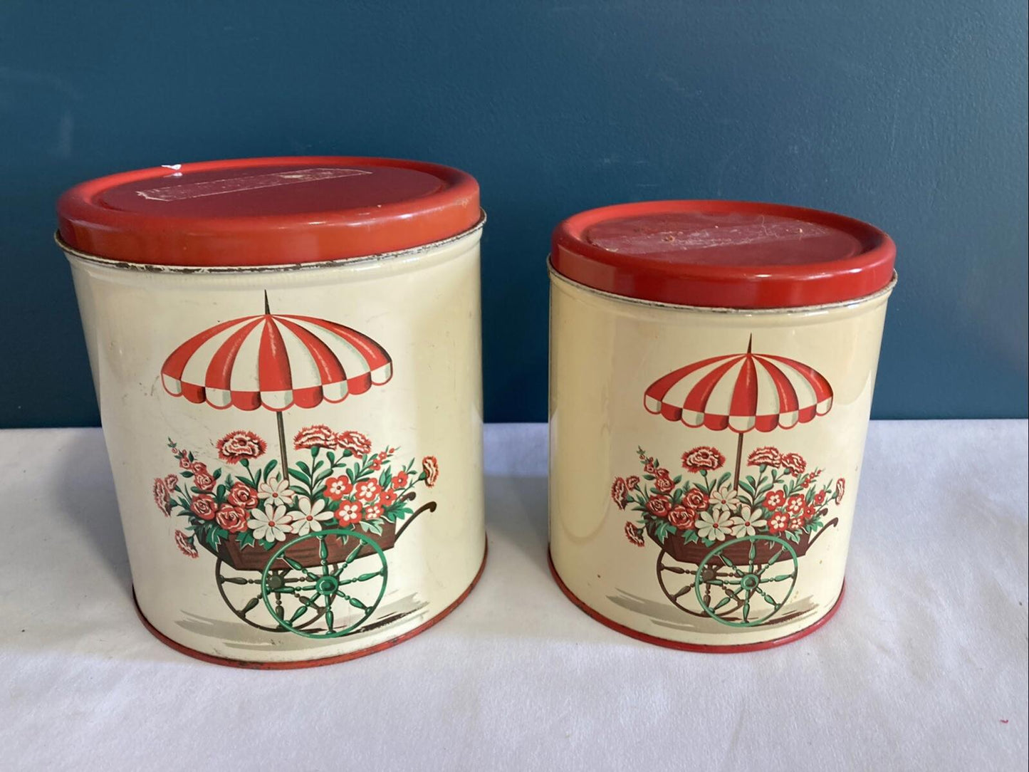 2 Vintage Nesting Decoware Tin Kitchen Storage Canisters Flower Cart Umbrella