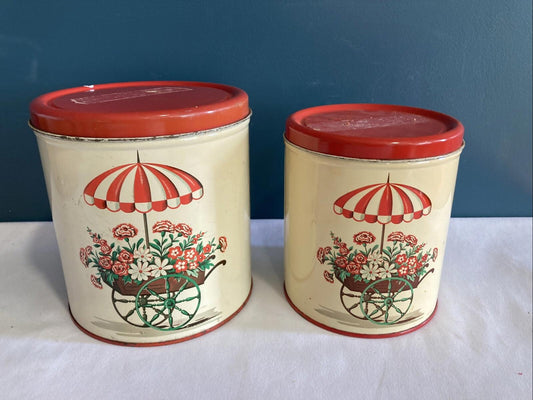 2 Vintage Nesting Decoware Tin Kitchen Storage Canisters Flower Cart Umbrella