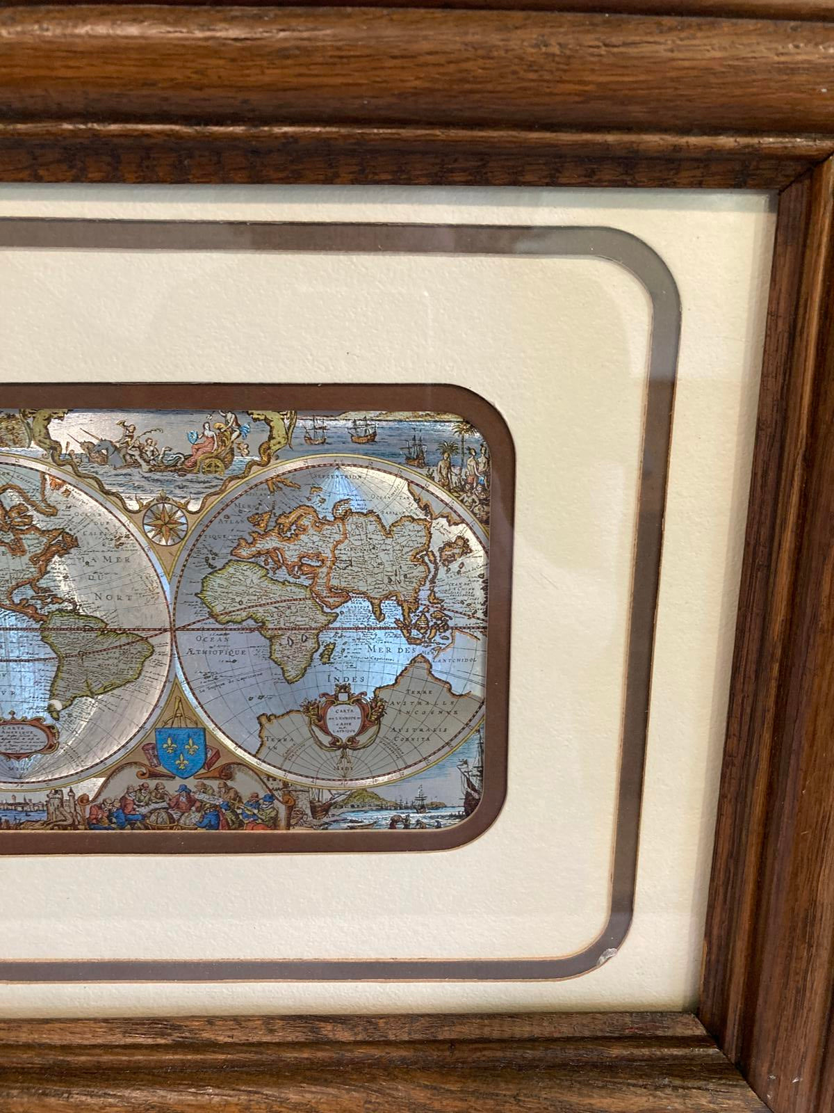 Framed Vintage World Map Print – Double Hemisphere Nautical Map
