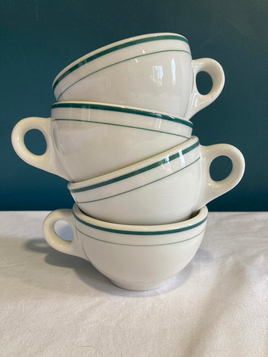 Vintage Syracuse China Restaurant Mugs with Double Green Band, Set of 4