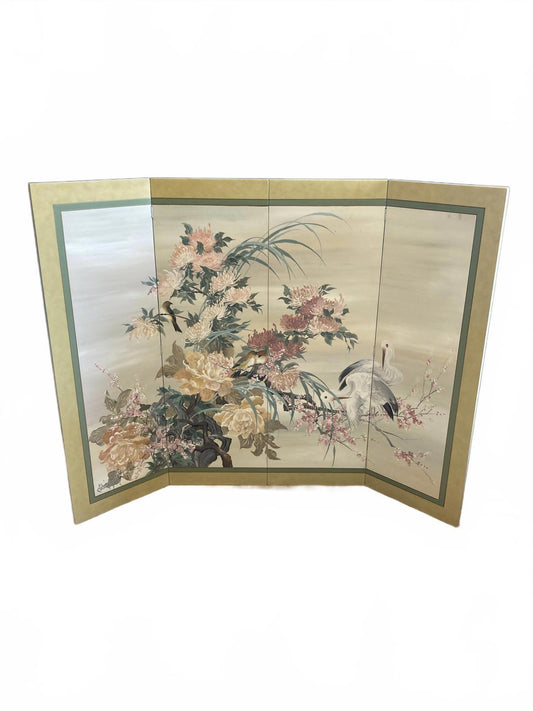 Midcentury Four Panel Wood Screen With Cranes Hand Painted by Lucien Leinfelder
