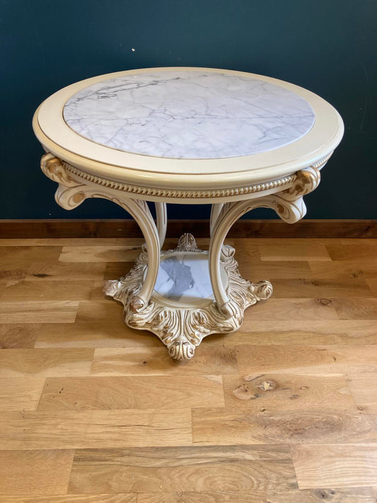 Ornate French Provencal Marble Top Side Table with Gold Accents