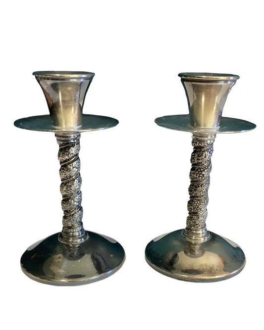 Pair of Vintage Silver Plated Candlesticks -Ornate Twisted Column Candle Holders